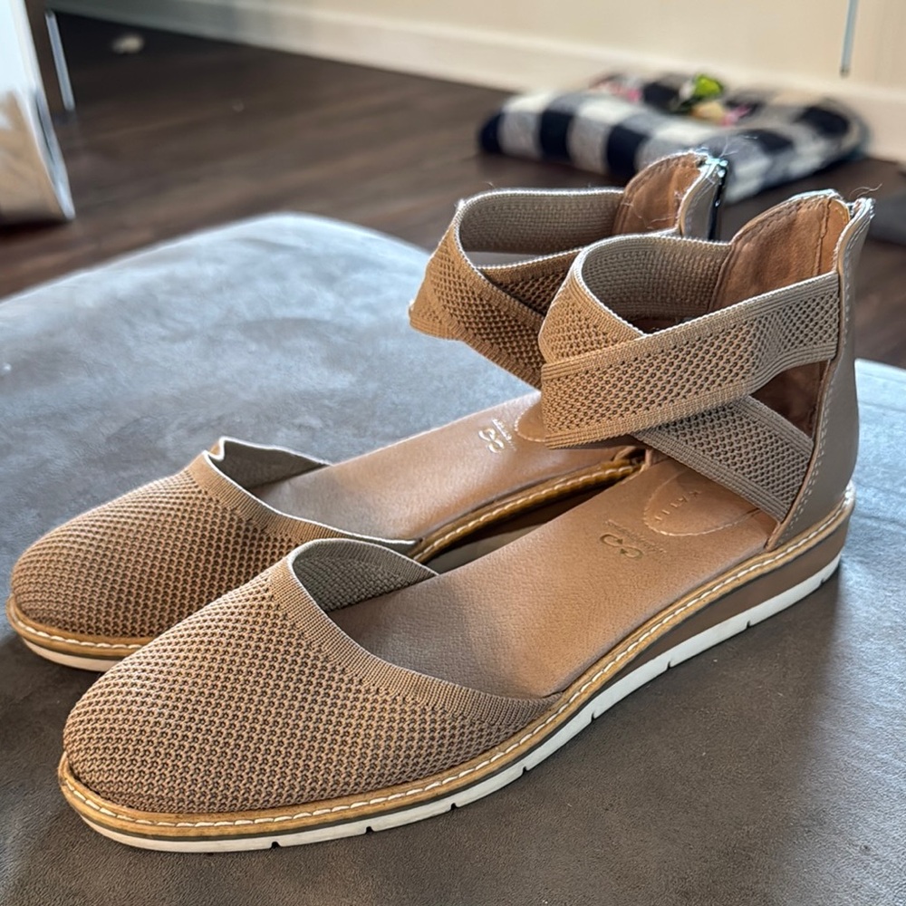 Kelly and Katie Tan Mesh Ankle Strap Flats